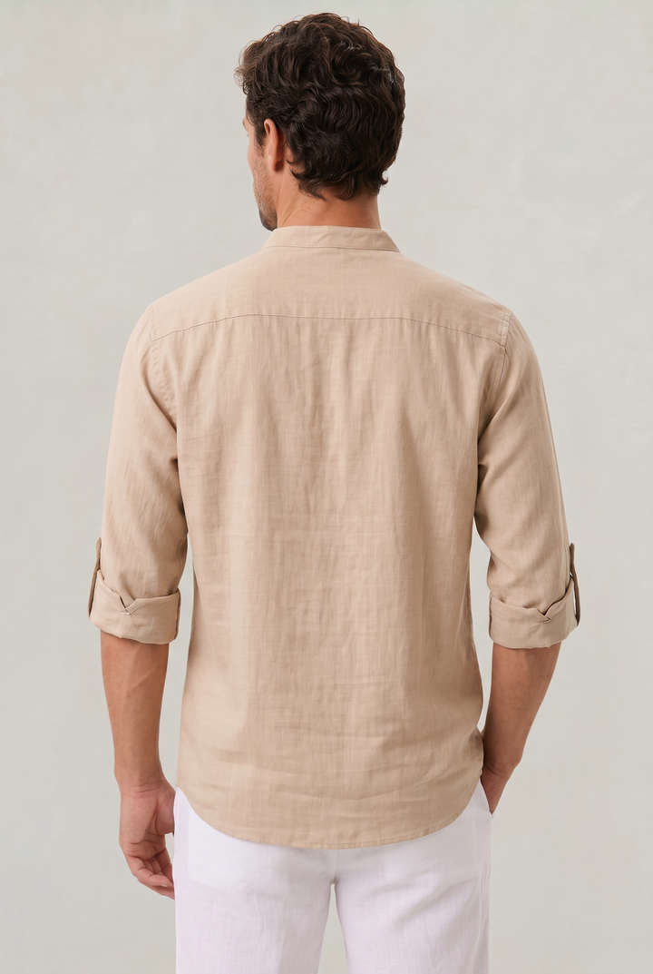 Relaxed fit men's shirt featuring a stylish grandad collar and practical roll-up sleeves, ideal for comfort.