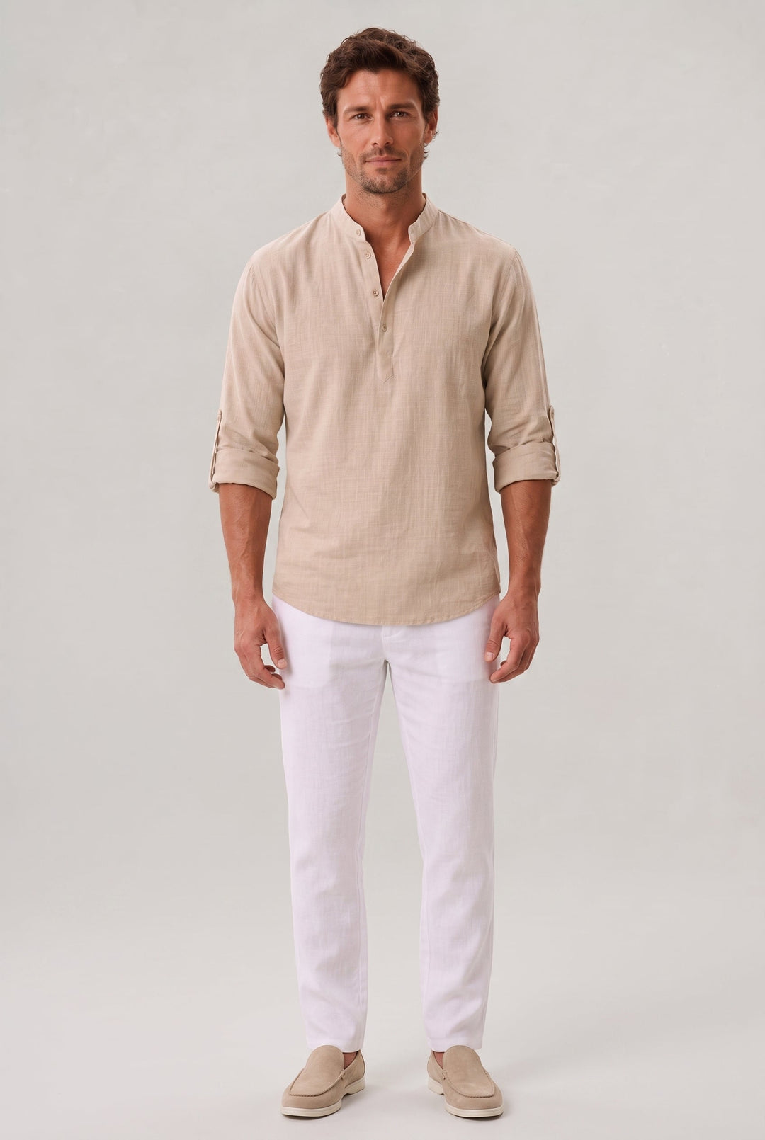 Versatile men's casual shirt with a grandad collar and roll-up sleeves, great for summer fashion.