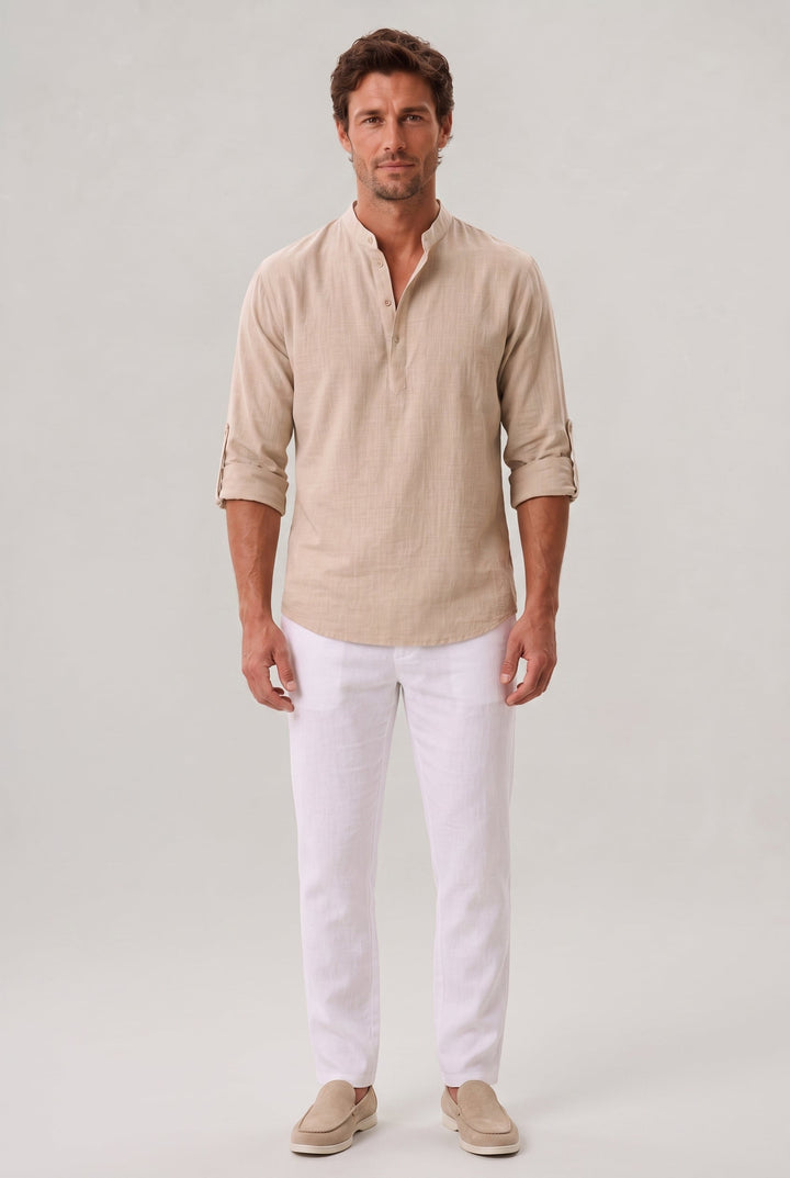 Versatile men's casual shirt with a grandad collar and roll-up sleeves, great for summer fashion.