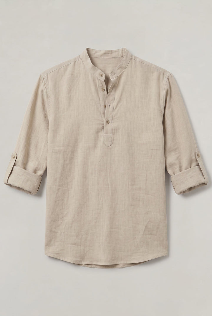Stylish men's grandad collar shirt, designed with roll-up sleeves for a modern and relaxed smart casual appeal.