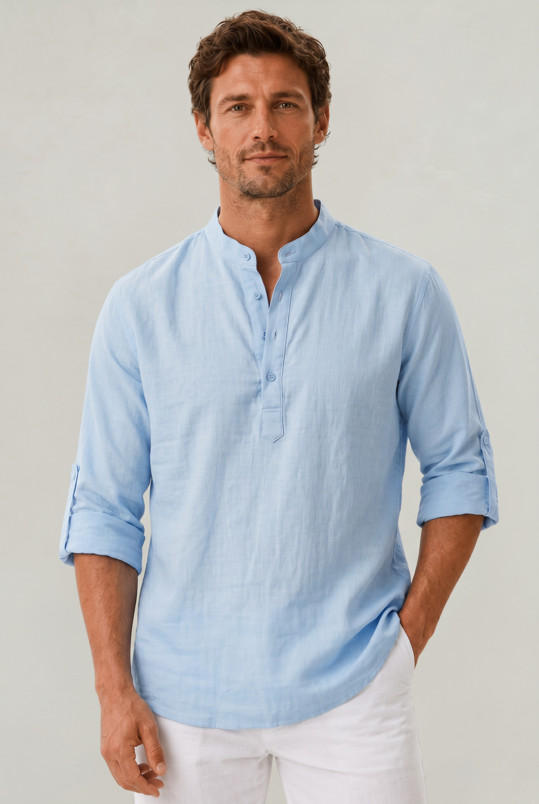 Men's casual summer shirt, featuring a trendy grandad collar and roll-up sleeves for a relaxed, fashionable look.