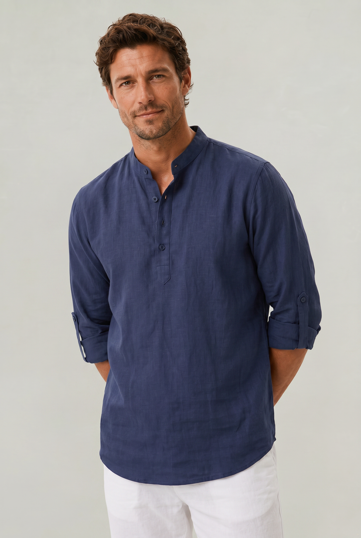 Smart casual men's shirt with a unique grandad collar. Roll-up sleeves add a relaxed, modern touch for versatility.