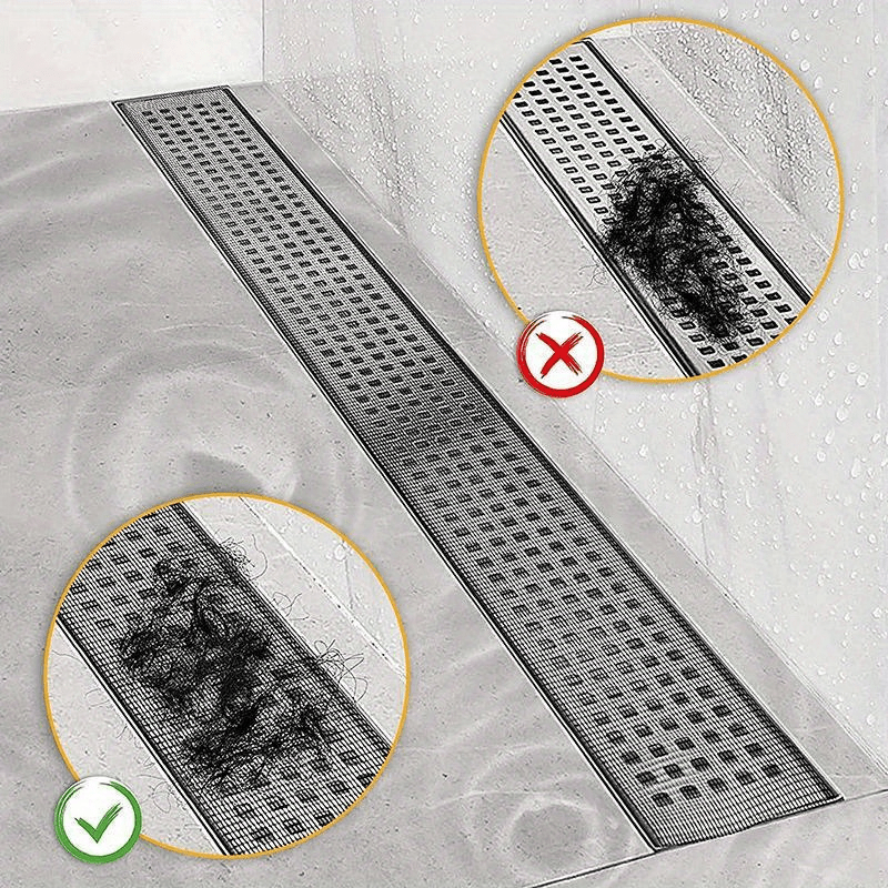 Easy-apply self-adhesive mesh screen drain protector, catches hair & debris, prevents clogs.