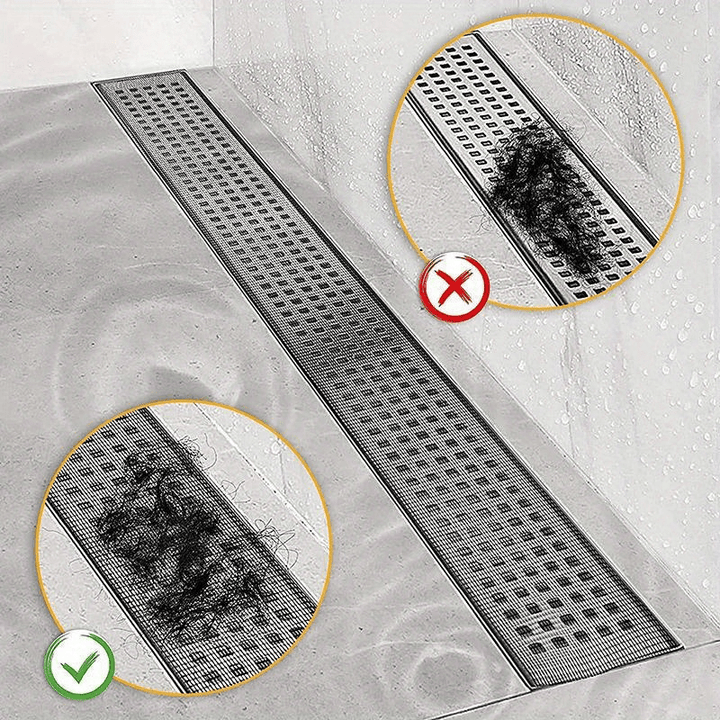 Easy-apply self-adhesive mesh screen drain protector, catches hair & debris, prevents clogs.