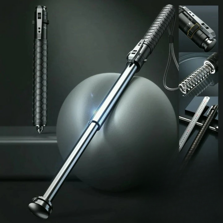 Durable automatic self-defense walking stick with secure anti-slip grip, designed for personal protection.