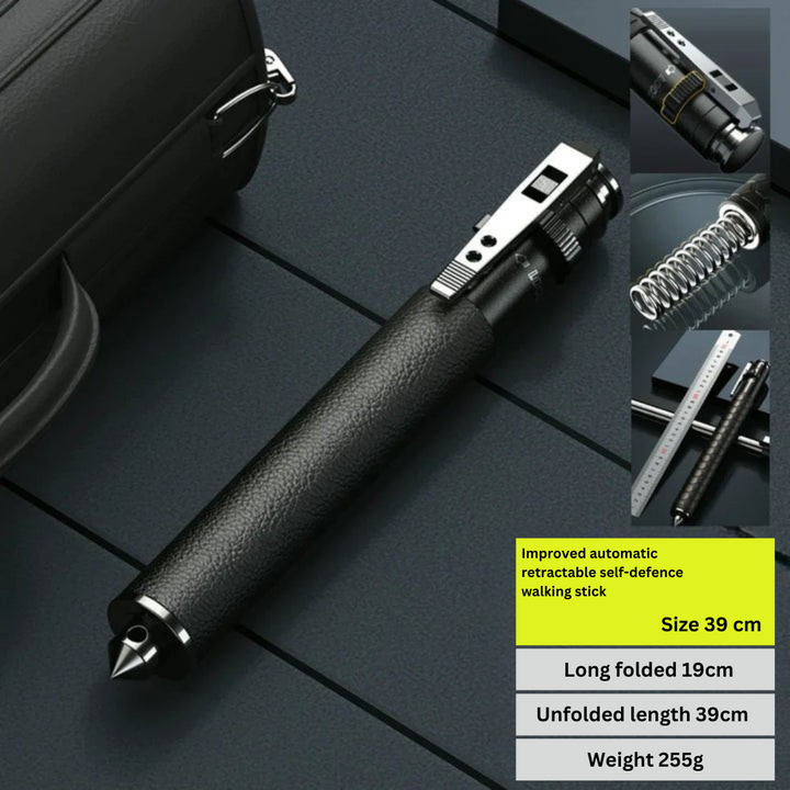 Automatic walking stick, a reliable mobility aid & protective tool with comfortable anti-slip grip.