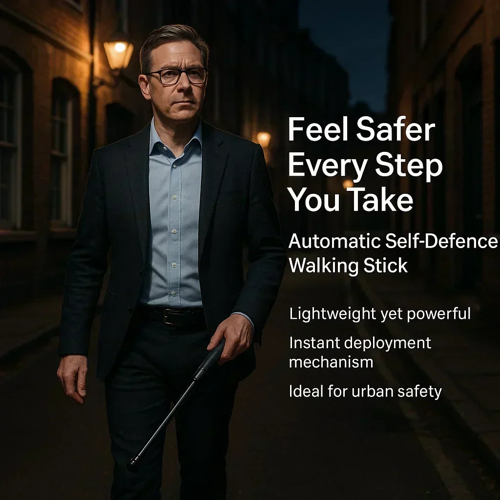 Close-up of automatic self-defense walking stick activating, showing anti-slip grip detail and tactical design.