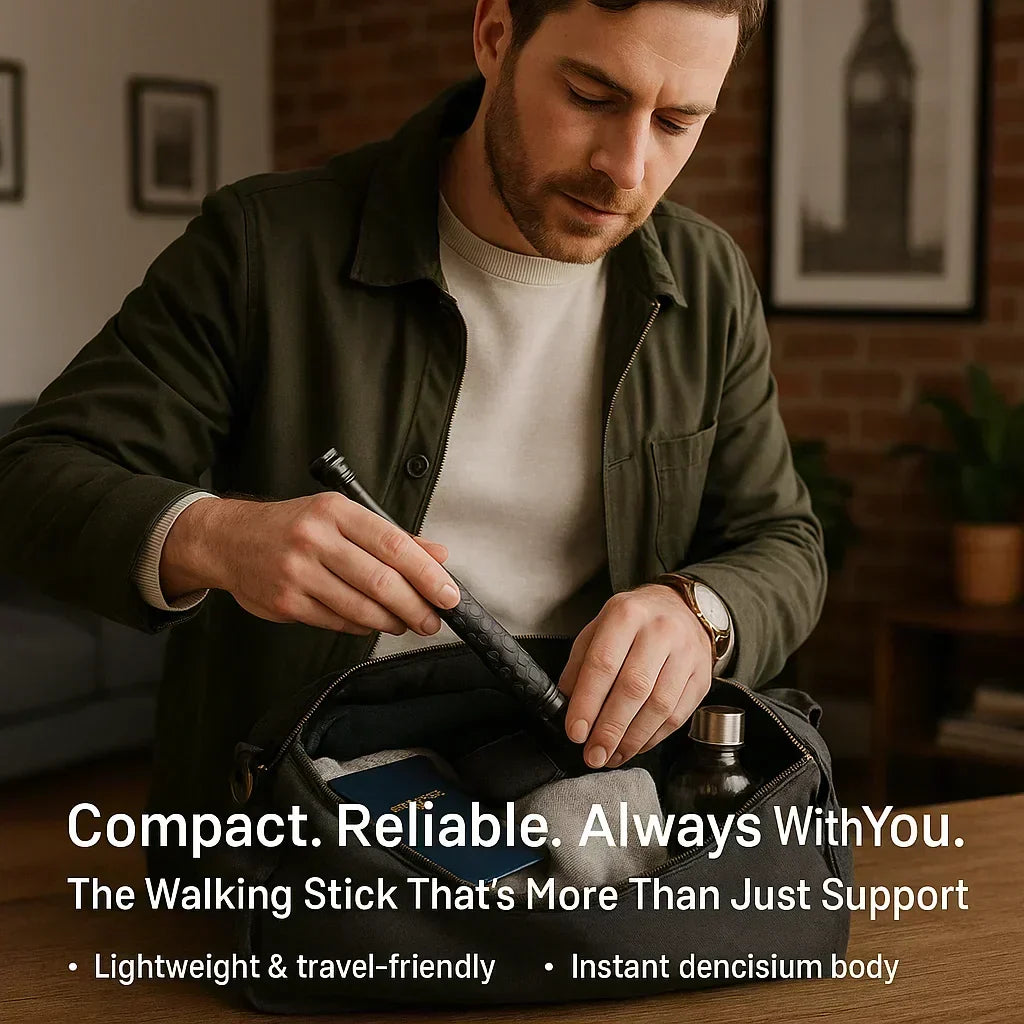 Ergonomic self-defense walking stick for outdoor use, featuring an automatic mechanism & robust anti-slip grip.