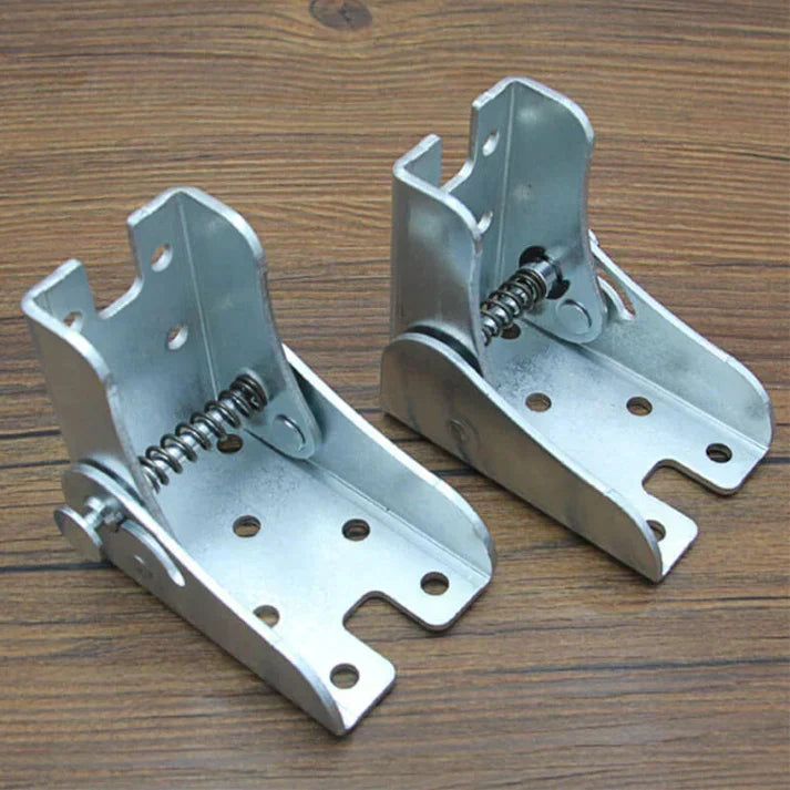 Heavy-duty stainless steel self-locking folding hinge for tables, workbenches, and furniture.