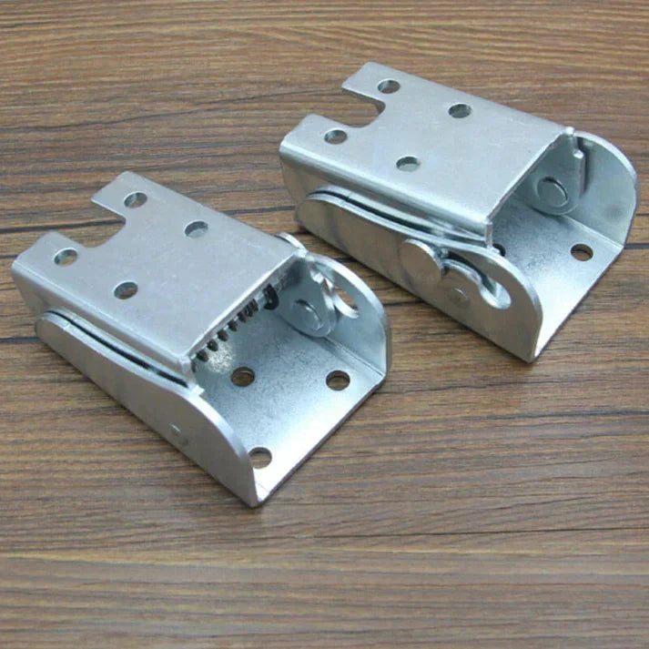 Silver finish heavy-duty stainless steel self-locking folding hinge for modern space-saving designs.