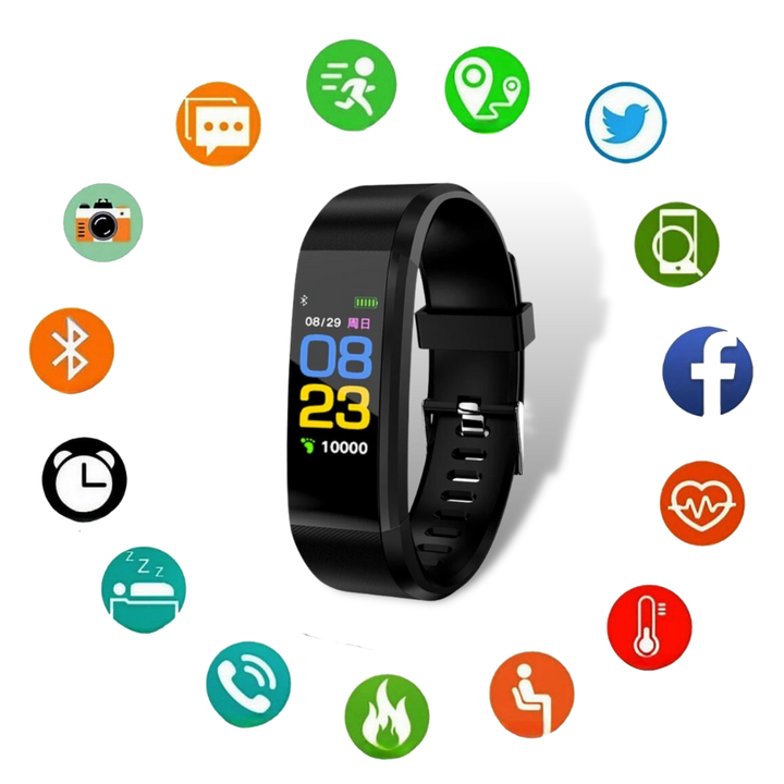 Wearable tech senior smartwatch: heart rate, BP, activity tracker for elderly care.