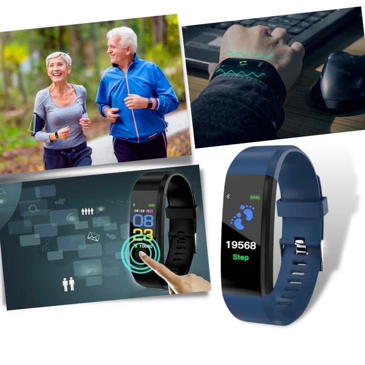 Smartwatch for seniors: monitors heart rate, blood pressure, and daily activity.