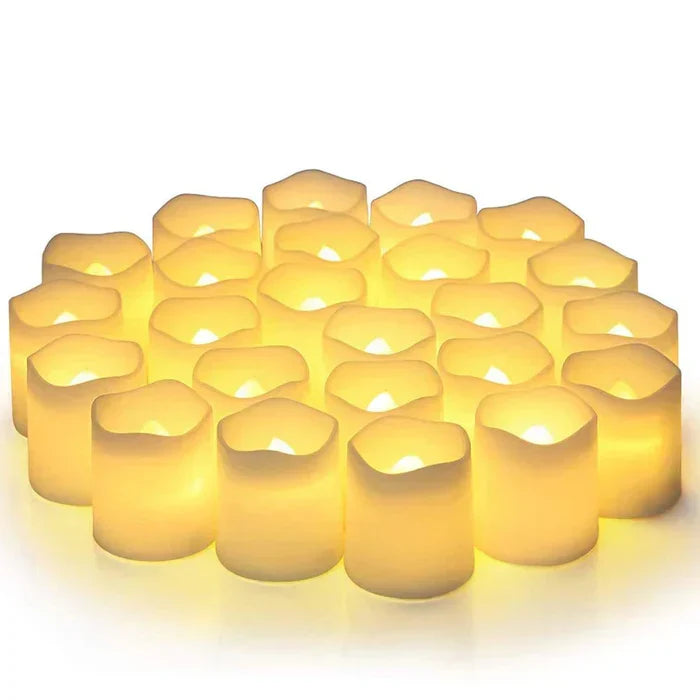 24-pack LED flameless candles with warm glow for safe home decor & elegant event lighting.