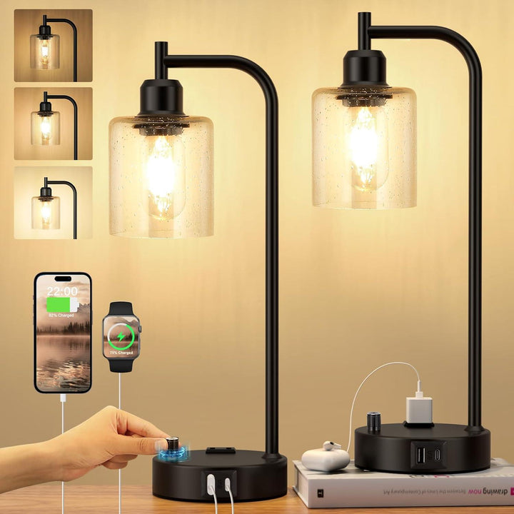 Industrial Dimmable Table Lamp Set with USB Charging Ports for modern homes.