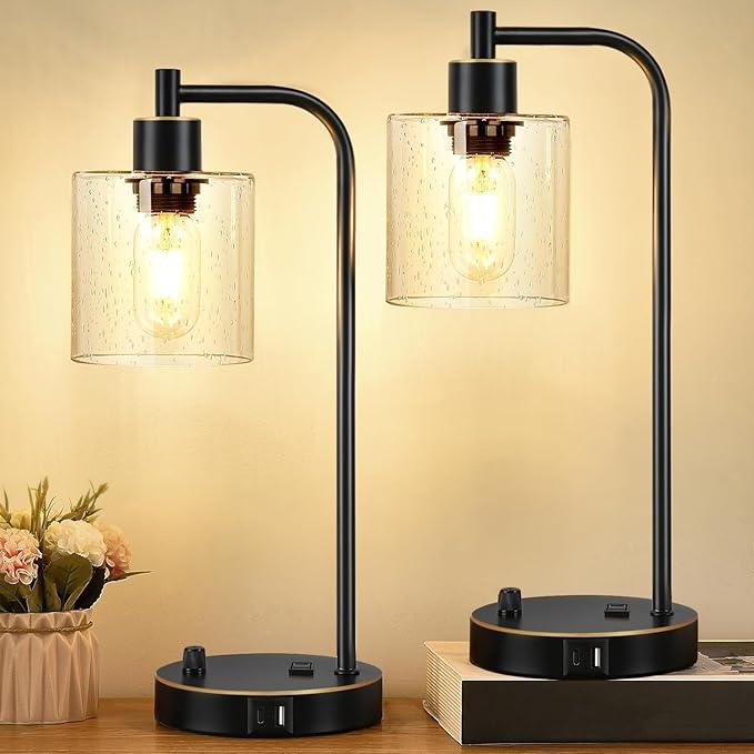 Two Dimmable Industrial Table Lamps, LED & USB charging, ideal for modern bedroom decor.