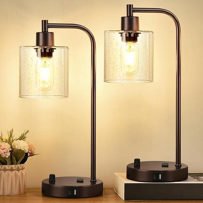 Accent Lighting: Dimmable Industrial Table Lamp, set of 2, enhances living room decor.