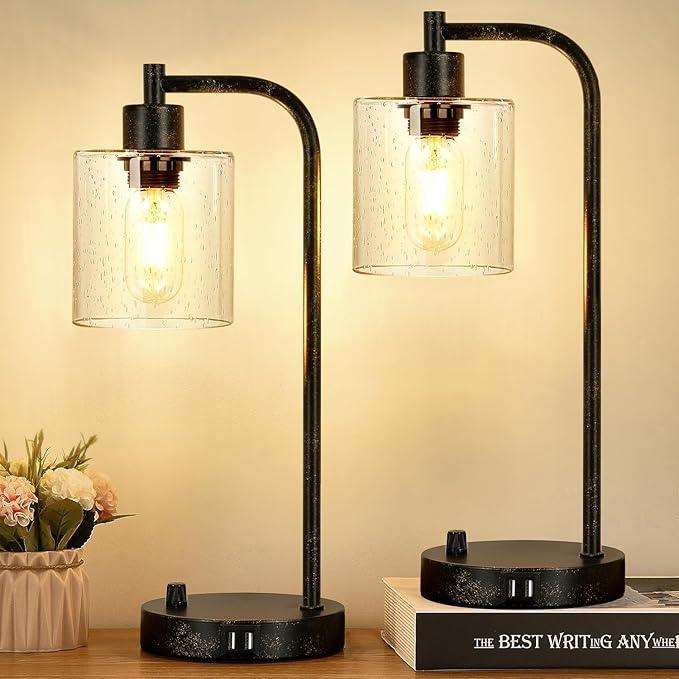 Stylish Industrial LED Table Lamp Set. Dimmable light & convenient USB charging ports.