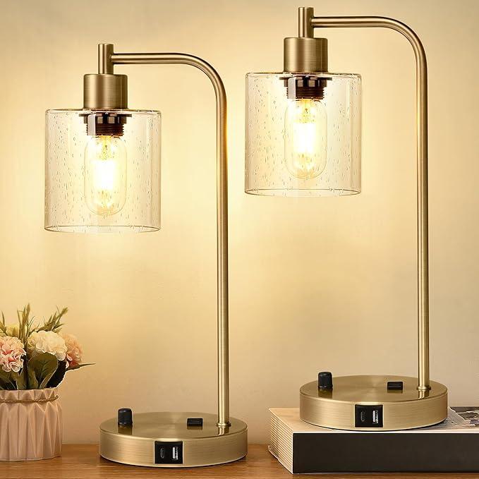 Functional Dimmable Bedside Lamp with USB Charging Ports, set of 2 for modern bedrooms.