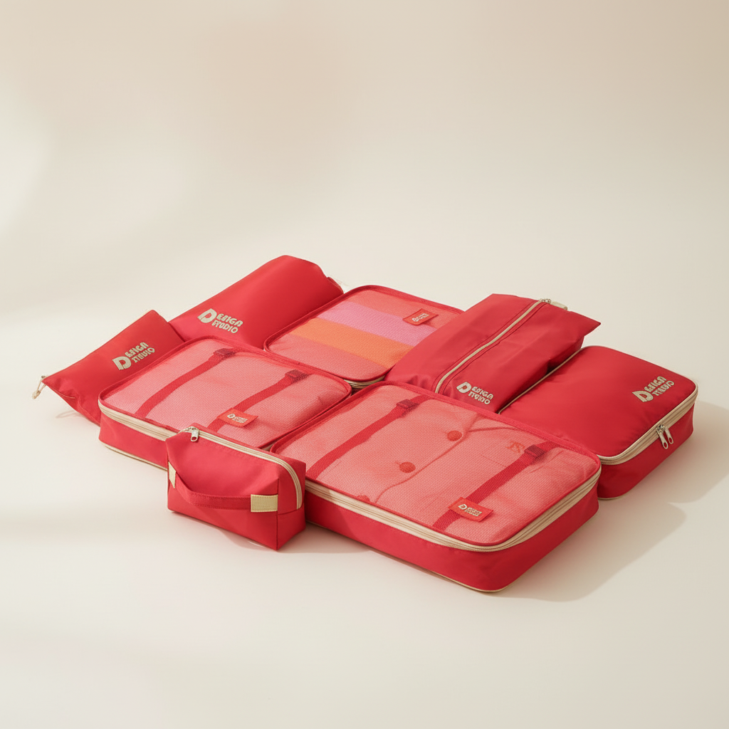 Complete 7-piece packing cubes set. Durable travel storage bags & zippered pouches for organized luggage.