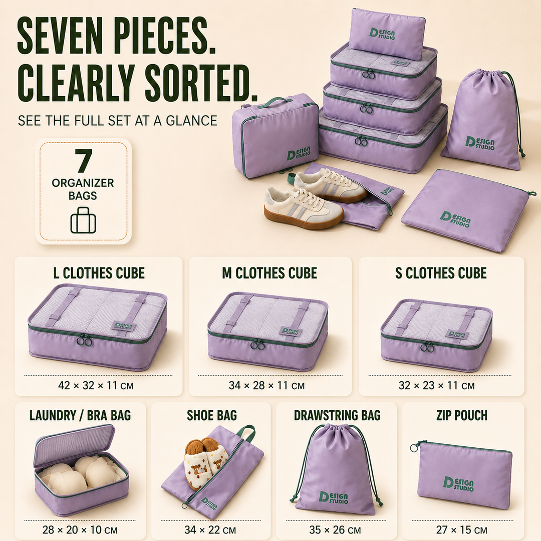 Durable 7-piece travel organizer set. Packing cubes & storage bags for efficient vacation packing solutions.
