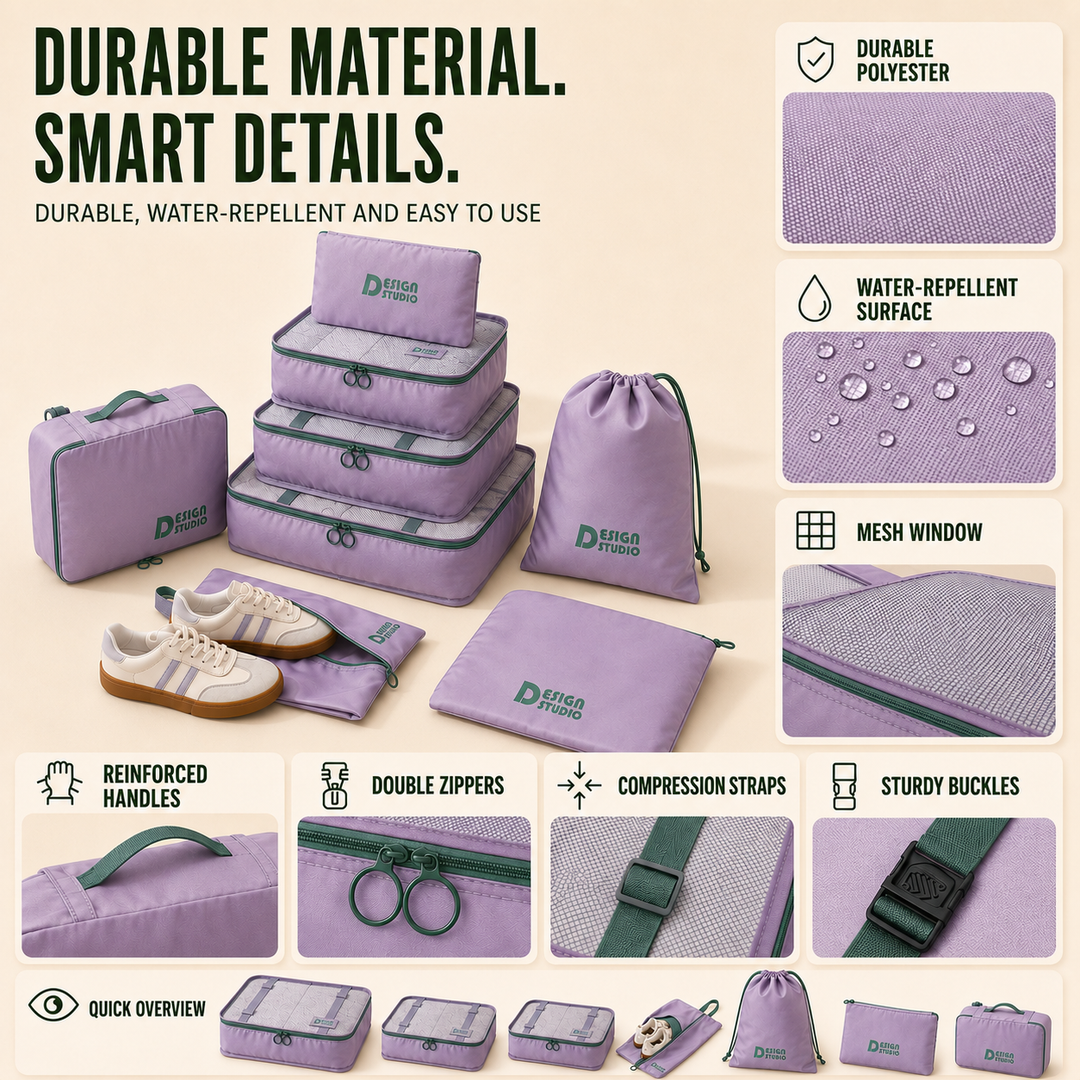 Unisex travel storage solution: 7-piece packing cube set with zippered pouches for organized luggage.