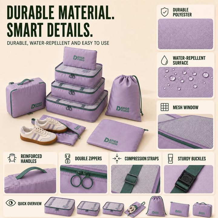 Unisex travel storage solution: 7-piece packing cube set with zippered pouches for organized luggage.