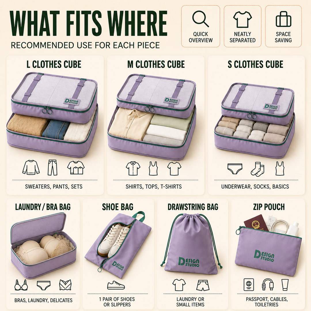 Premium 7-piece travel organizer set, perfect for efficient packing & neat luggage organization on vacation.