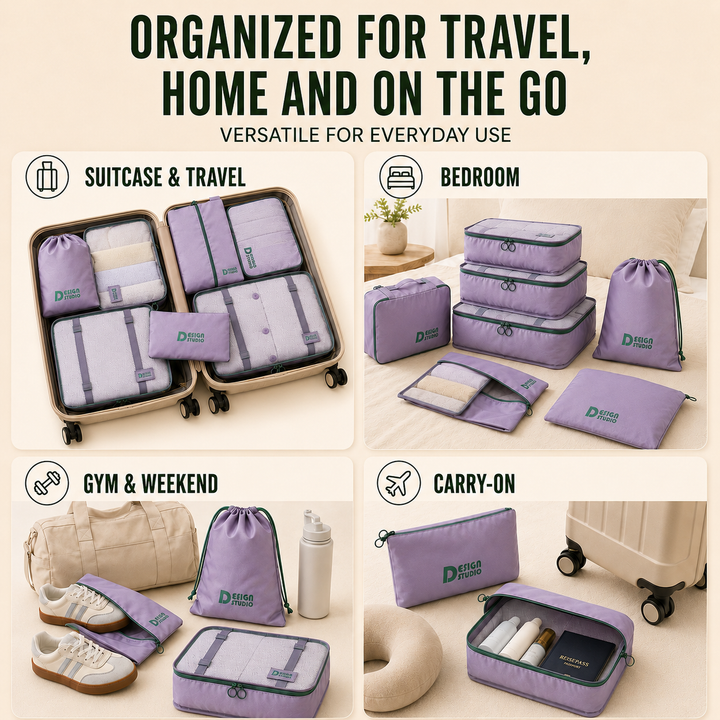 Get organized with this 7-piece travel accessory set. Includes packing cubes & durable storage bags for trips.