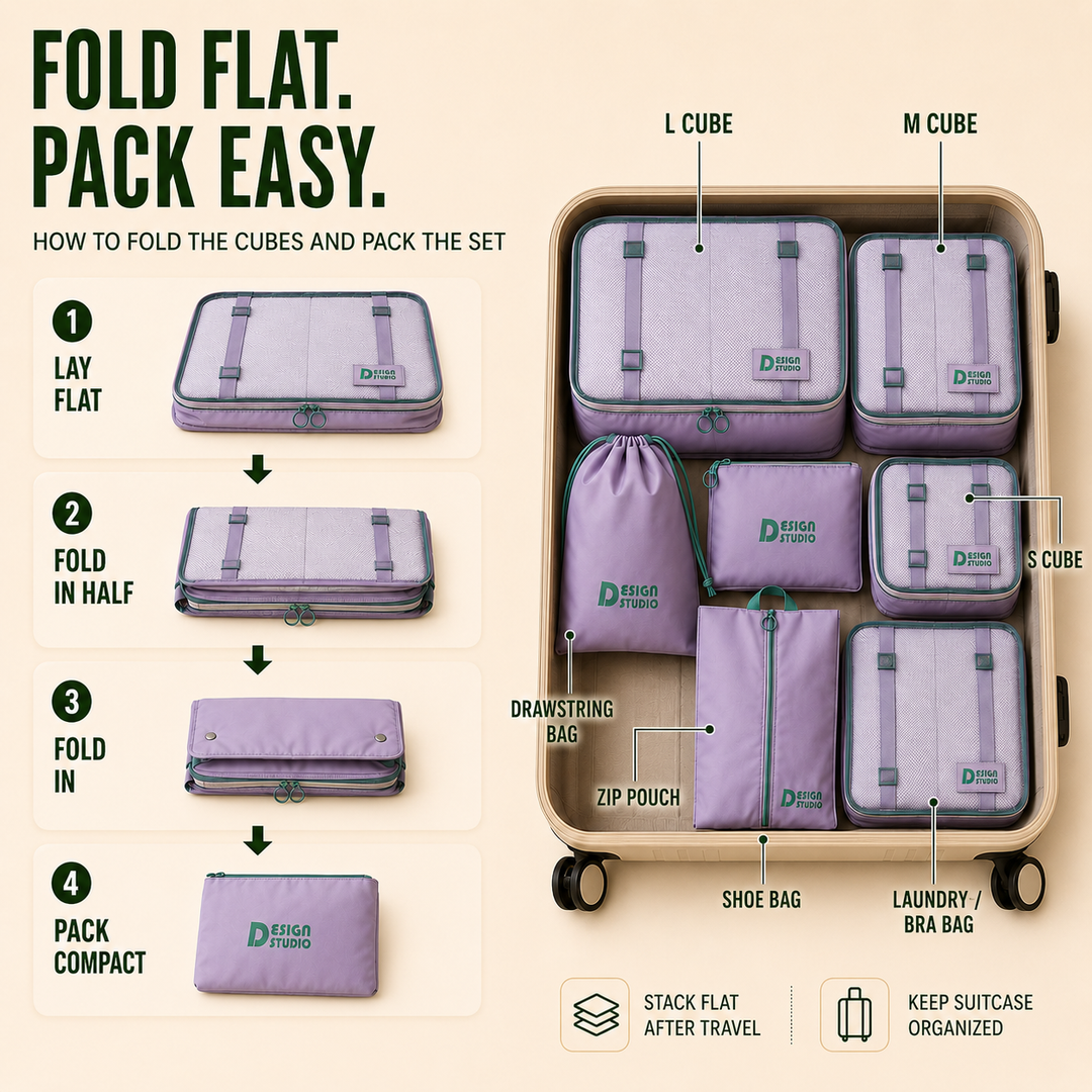 Smart 7-piece travel organizer for packing essentials. Enjoy effortless luggage organization & storage solutions.