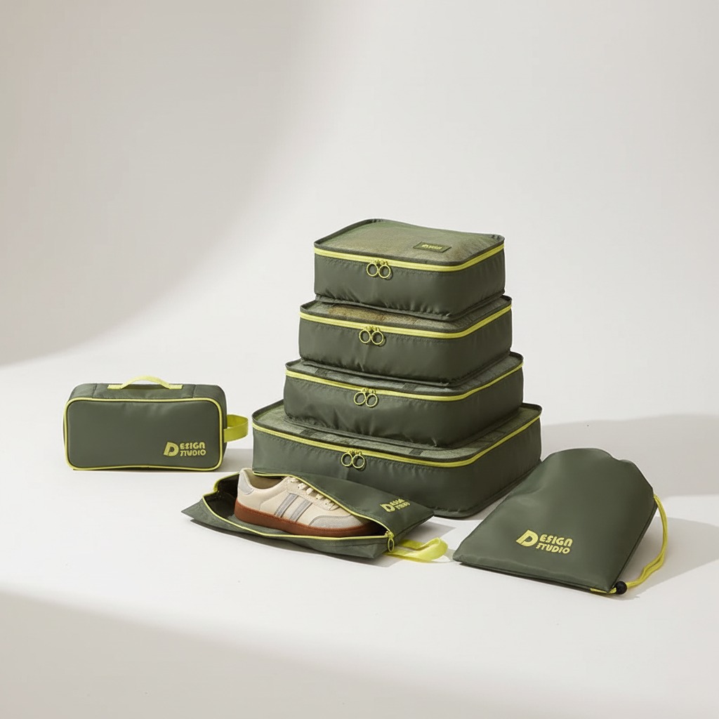 Unisex 7-piece packing cubes set: durable travel storage & zippered pouches for an organized luggage solution.