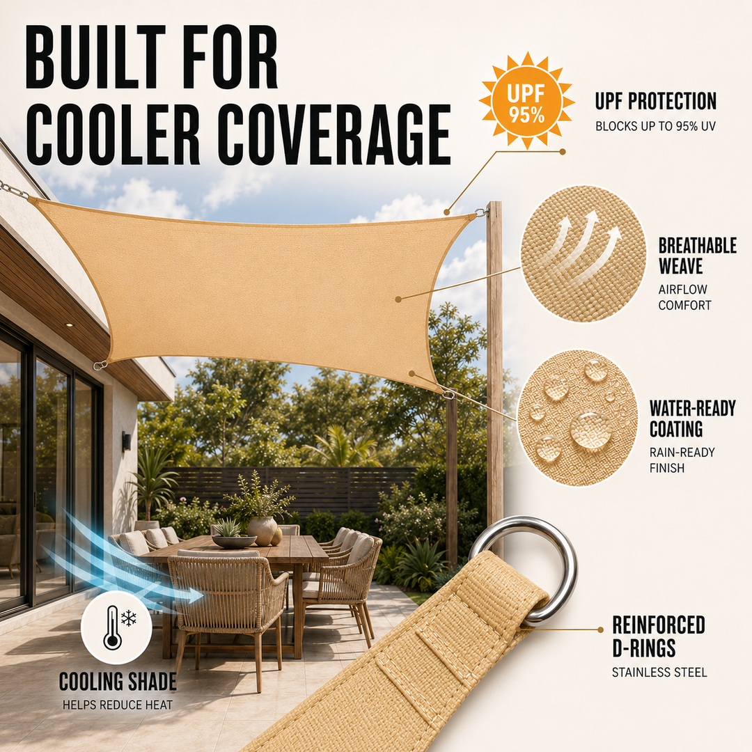 Water resistant & UV protection sun shade sail canopy, rectangle and square, for all outdoor spaces.