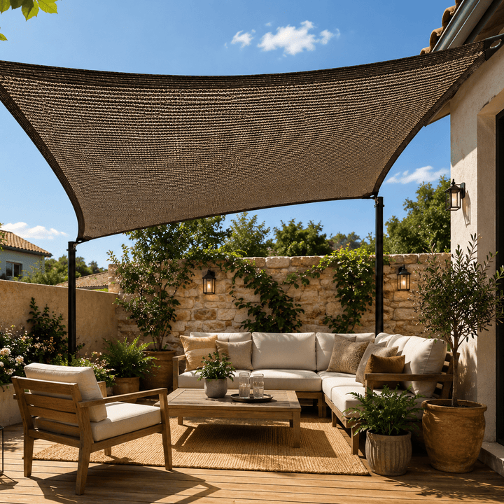 Patio shade net providing strong UV protection, ideal for outdoor living areas, reducing heat.