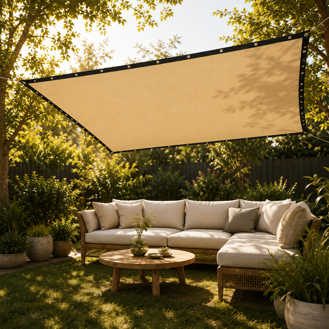 Beige rectangular polyethylene sunshade awning for patio, garden & pool shade.