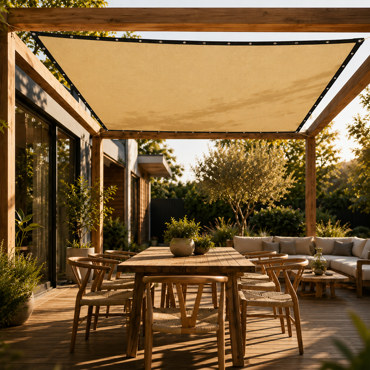 Beige rectangular polyethylene shade cloth for backyard patio cover & outdoor shade.