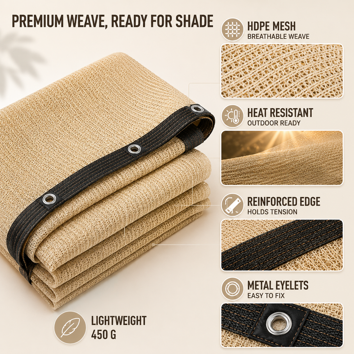 Beige rectangular sunshade awning for balcony or pool shade, providing ample UV protection.