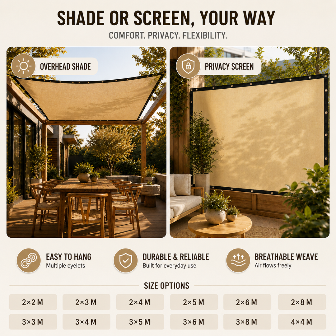 Rectangular beige outdoor shade cloth for patio, garden, & plant protection.