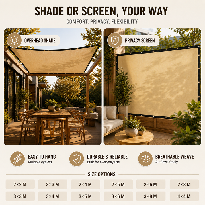 Rectangular beige outdoor shade cloth for patio, garden, & plant protection.