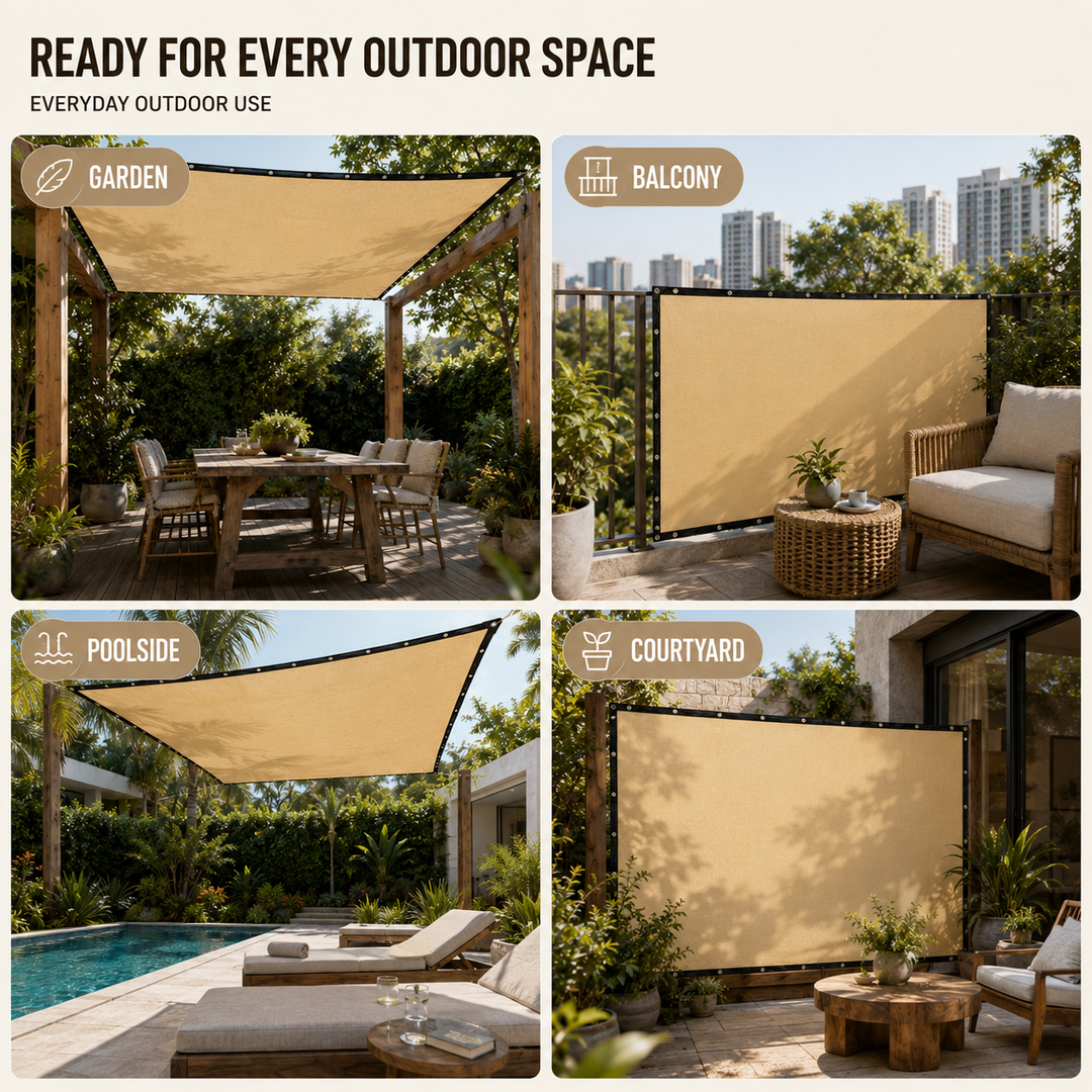 Beige rectangular sunshade awning, perfect patio cover with strong UV protection.