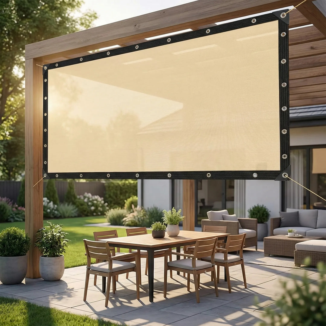 Garden canopy: rectangular beige sunshade awning for plant protection & patio shade.