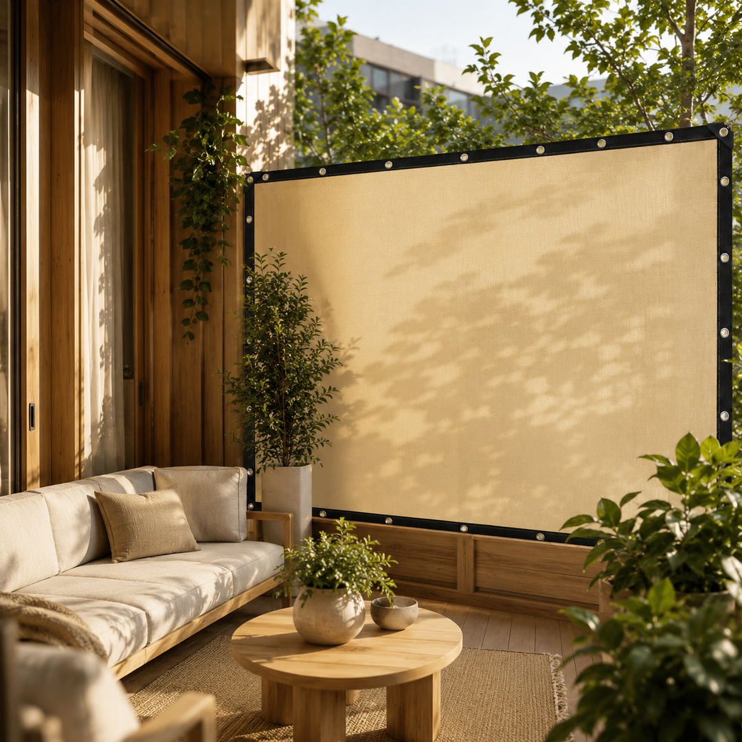 Rectangular beige sunshade awning for patio & garden. Provides outdoor UV protection.