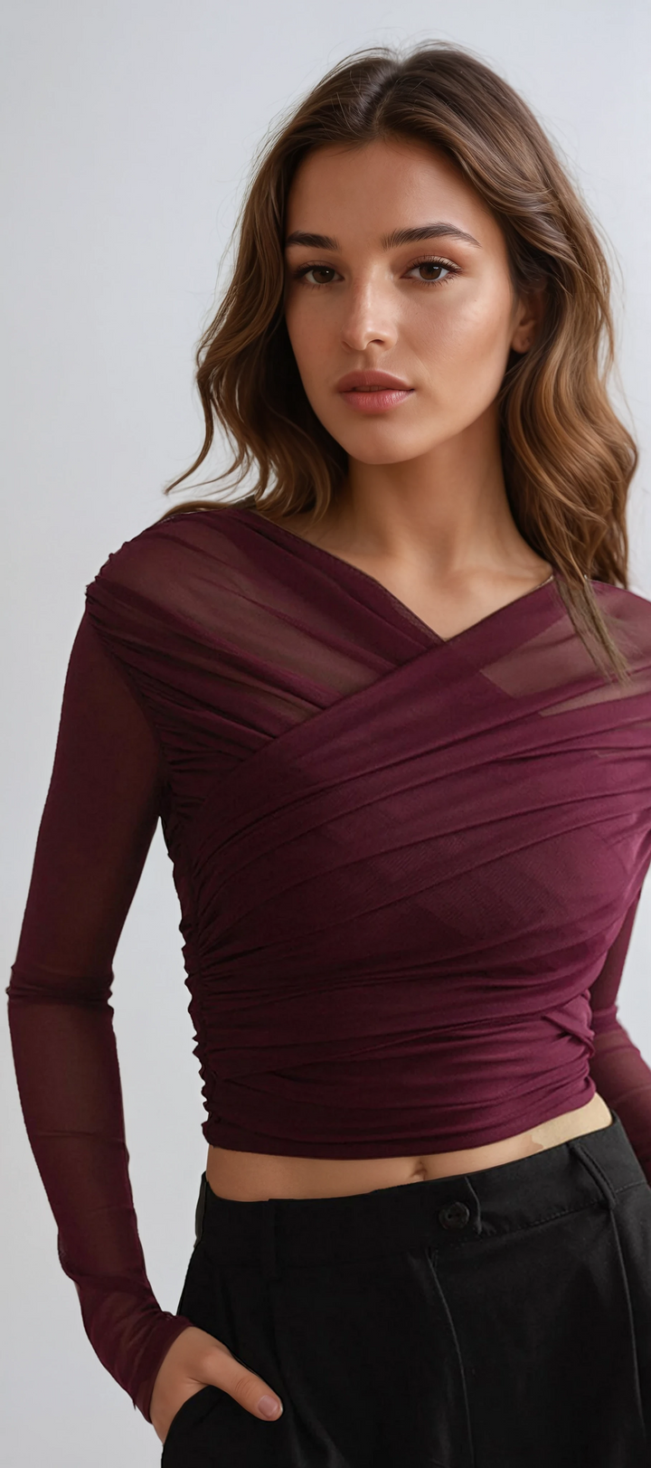 Sheer mesh ruched long sleeve top in black - elegant evening wear for women.