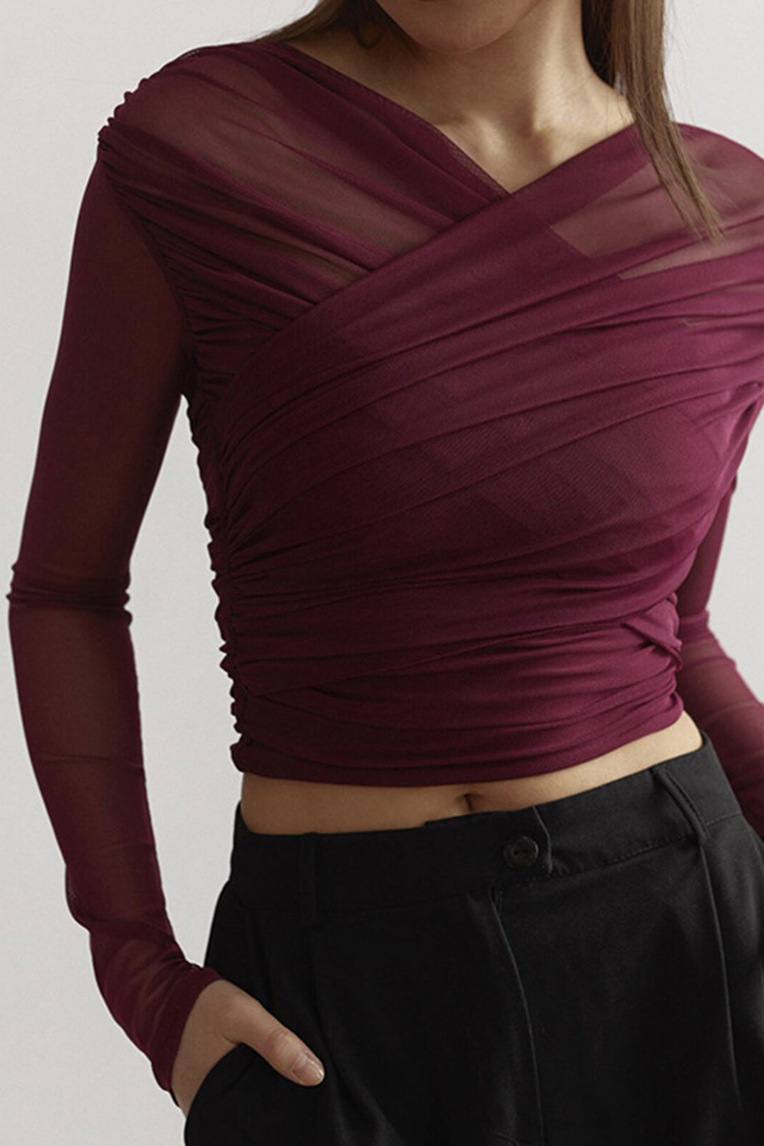 Burgundy sheer mesh ruched long sleeve top, perfect for parties.