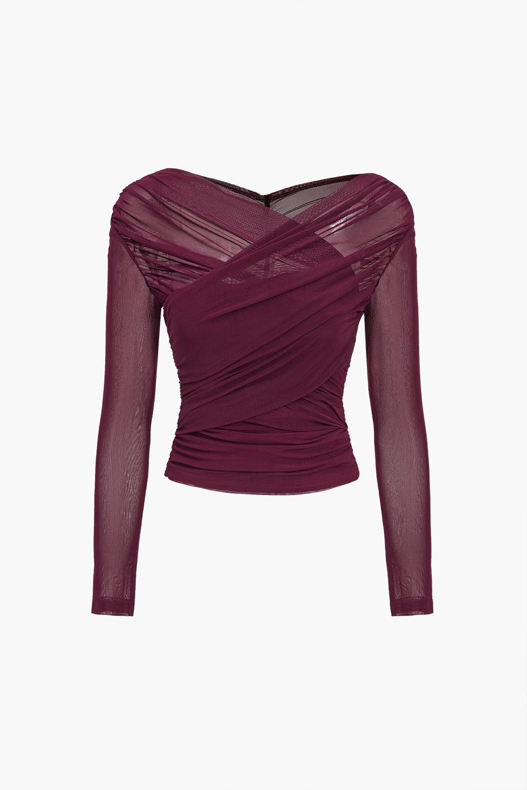 Stylish party top: burgundy sheer mesh with ruched long sleeves.