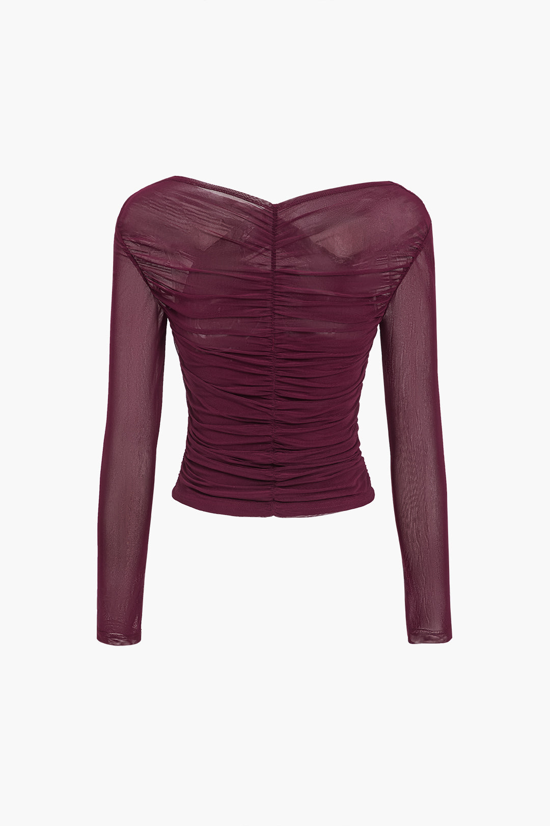 Long sleeve sheer mesh top with ruching, ideal for elegant evening events.