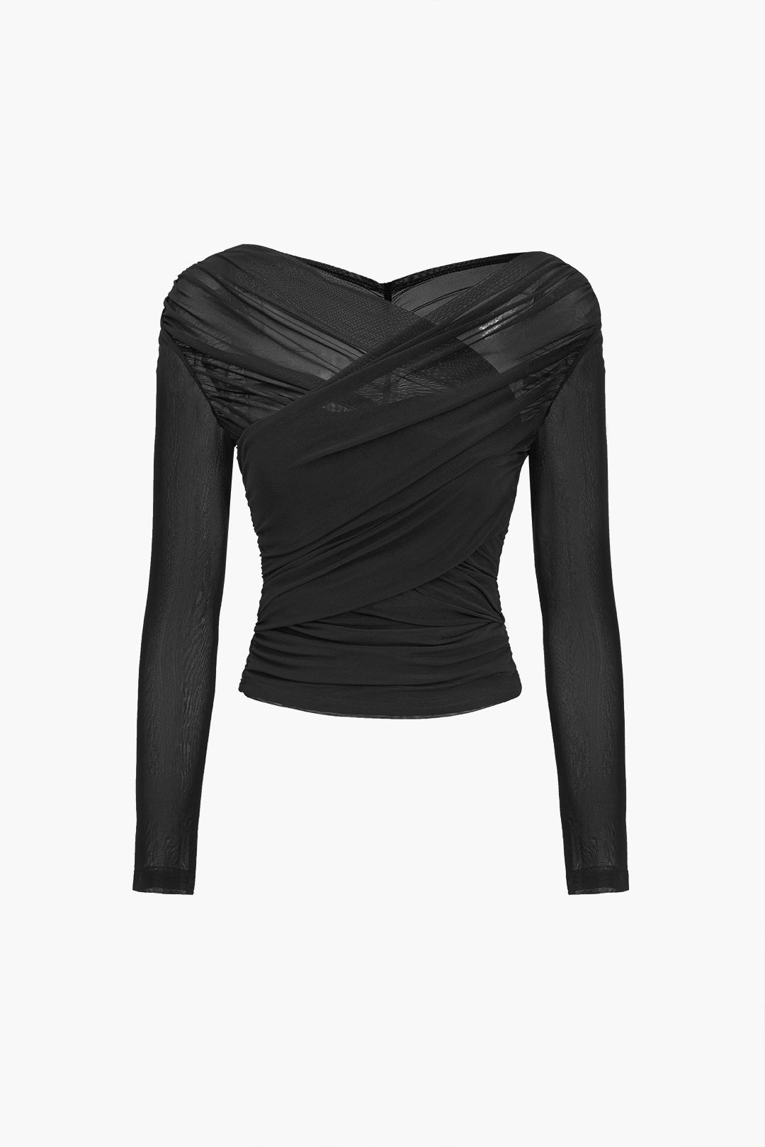 Chic burgundy long sleeve top with sheer mesh and ruched detailing.