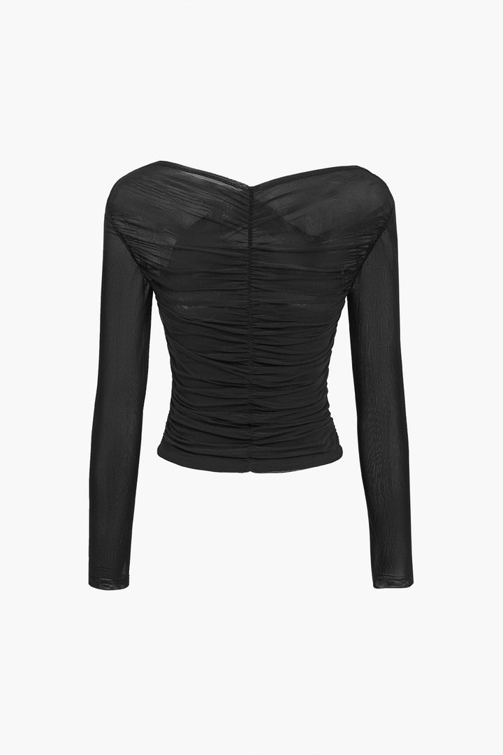 Versatile evening wear: sheer ruched mesh long sleeve top in black.