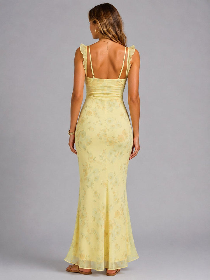 Elegant women's floral maxi dress with pretty ruffle straps, suitable for wedding guests, parties, or special occasions.