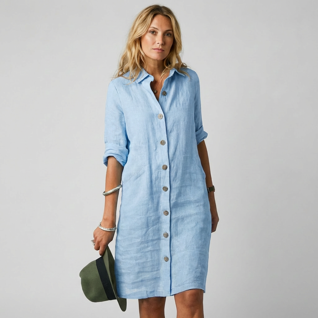 Women's versatile button front midi shirt dress. Perfect for casual wear or an elegant spring/summer day outfit.
