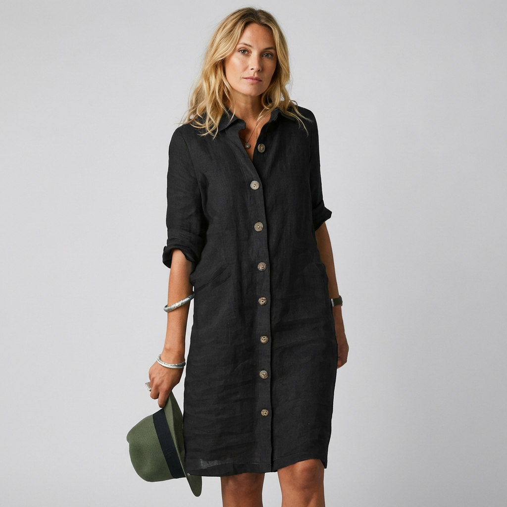 Chic women's button front midi shirt dress. Ideal day dress for comfortable and stylish spring and summer fashion.