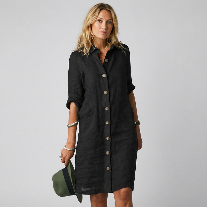 Chic women's button front midi shirt dress. Ideal day dress for comfortable and stylish spring and summer fashion.